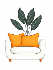 White armchair with orange pillows and dark green plant