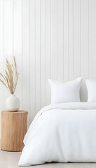 White bedding on bed, minimalist bedroom decor