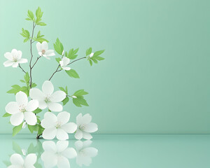 White blossoms branch reflected on a mint green surface