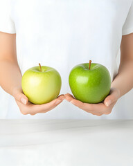 Two green apples held in hands