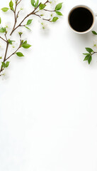 White blossoms and coffee cup on white background