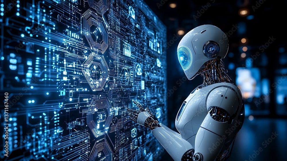 Poster advanced robot interacts with digital circuits. a futuristic robot analyzes complex data displayed o