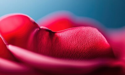 Up close, a velvety red rose petal displays intricate texture against a soft blue backdrop.