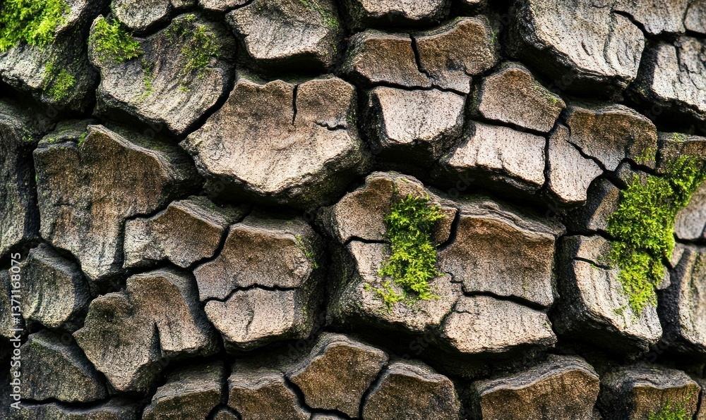 Poster an up-close view of tree bark reveals an intricate pattern with moss accents in crevices.