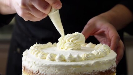 A person is decorating a cake with a white frosting. The cake is sitting on a table