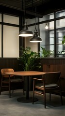 Modern office meeting room with dark wood table and chairs, two industrial pendant lights, and a green plant.