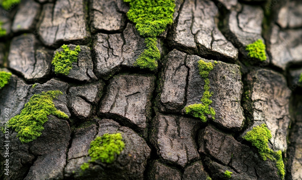 Poster intricate tree bark is adorned with patches of vivid green moss, creating a natural, textured patter