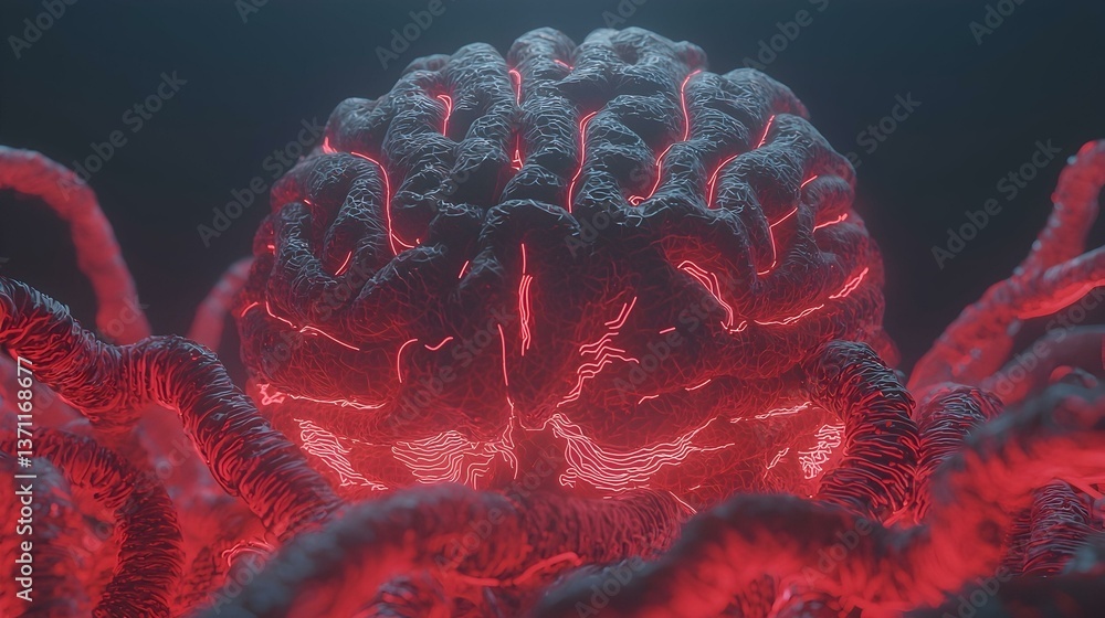 Poster glowing red brain with intricate neural network. abstract digital art of a brain with red energy flo