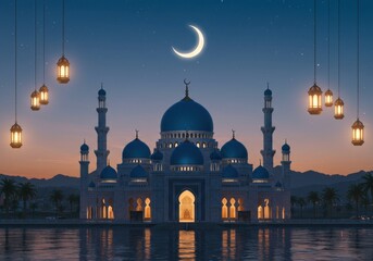 Naklejka premium Illuminated mosque with crescent moon and hanging lanterns at dusk