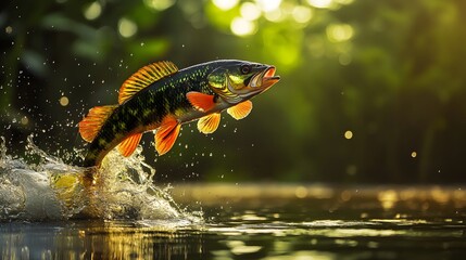 A magnificent amazonic fish Tucunaré leaping out of dark Amazonian waters, its shimmering scales reflecting green, gold and orange hues, water droplets splashing, lush rainforest in the background