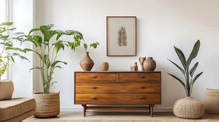 Minimalisitic composition of modern living room interior with brown commode, vintage rustic vases and personal accessories. White wall. Copy space. Template.