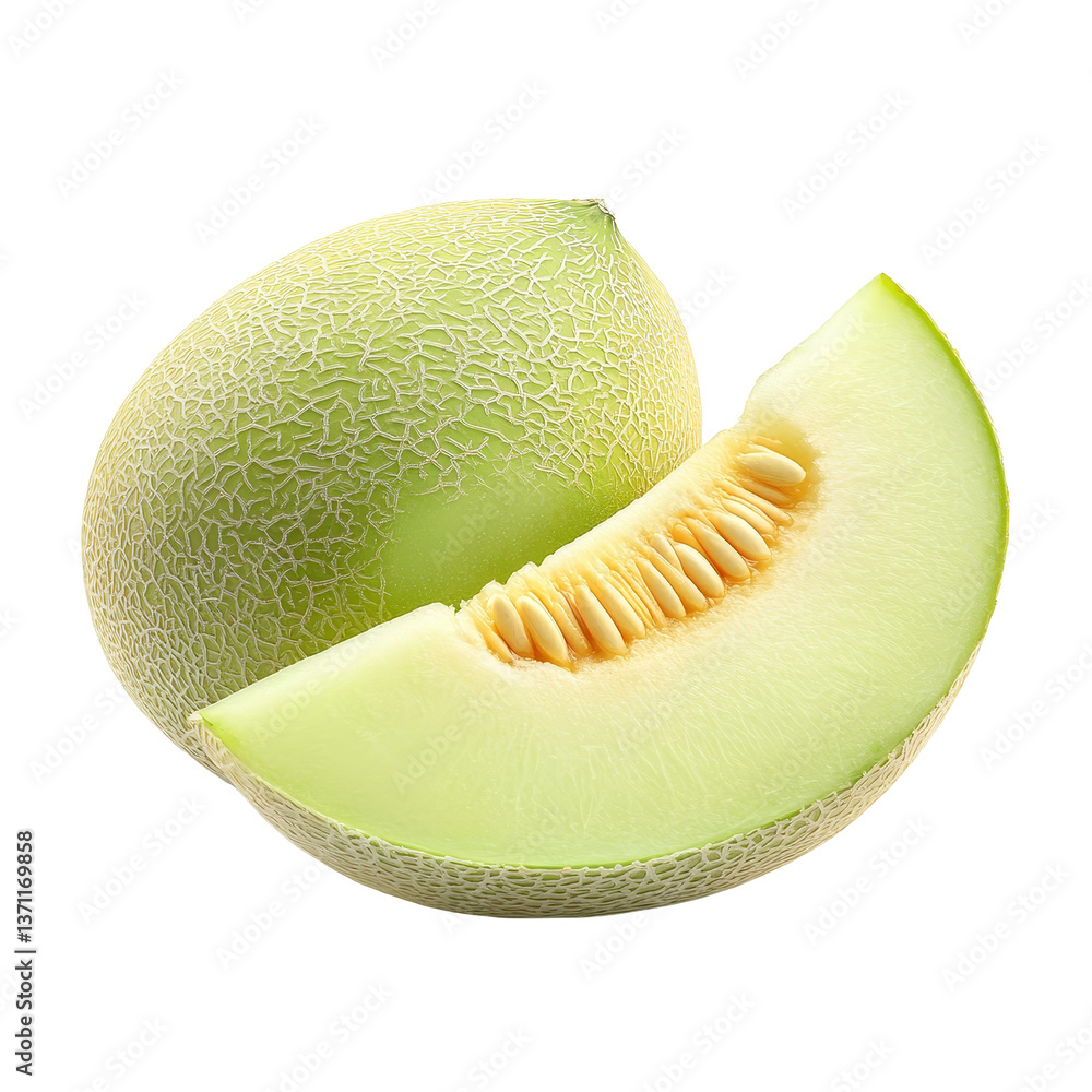 Poster fresh honeydew melon with a slice displayed on a clean, transparent background for a vibrant and ref