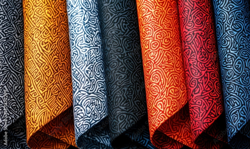 Poster a display of colorful fabrics featuring celtic knot patterns in an artful, slightly crumpled stack.