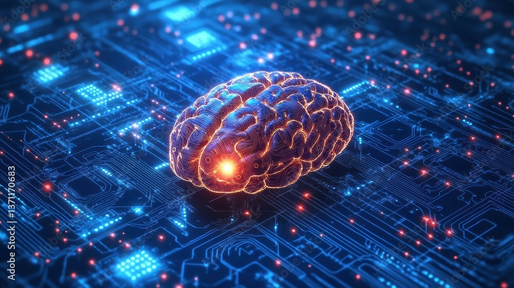 Poster Futuristic digital landscape featuring glowing neural connections and advanced circuit patterns with a modern technology aesthetic