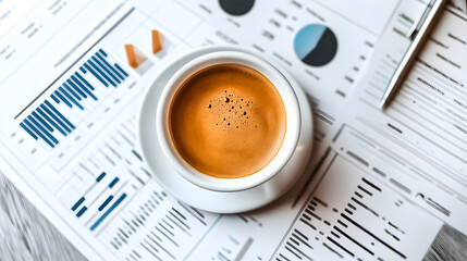 cup of coffee sits atop business report filled with charts and graphs, creating blend of work and relaxation. scene is set for productive day