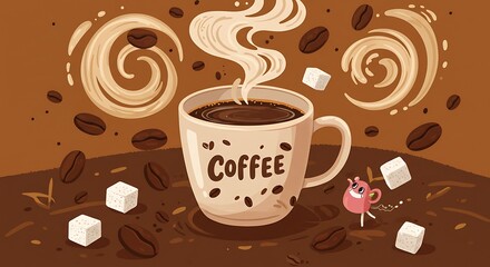 Obraz premium Retro Coffee Cup with Swirling Steam and Coffee Beans - Vintage Art