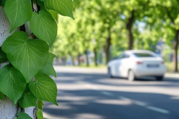 Green leaves on a tree trunk, blurred car driving on the road, sunny day.