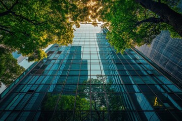Looking up at a blue glass skyscraper framed by green trees. It illustrates the balance of nature and modern architecture.
