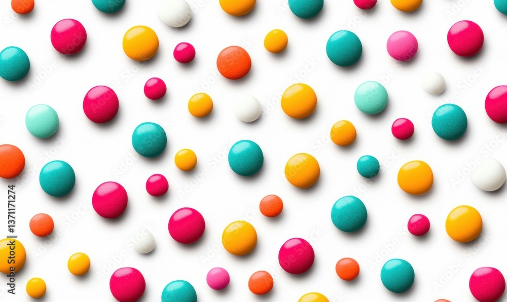 Poster brightly colored candy drops are scattered on a white surface, creating a cheerful pattern.