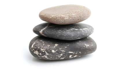 stack of smooth river stones is isolated on white background, showcasing their natural textures and colors. stones are arranged in balanced, calming composition