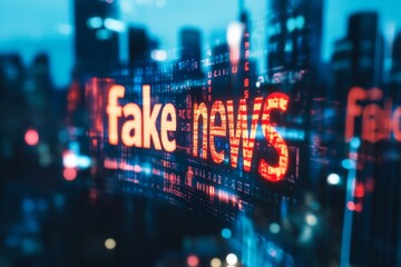 Holographic representation of  fake news  with blurred skyscrapers in a cityscape background