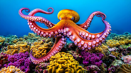 Fototapeta premium Vibrant Octopus On Coral Reef Underwater