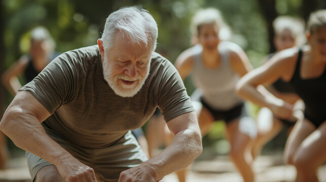 Senior Man Participating in Outdoor Group Fitness Class in a Park