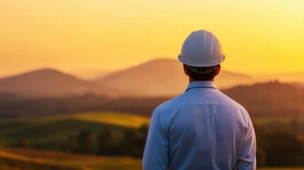 Man in hard hat and reflective vest stands overlooking a sunlit rural landscape with rolling fields symbolizing land assessment, environmental planning, and architectural development