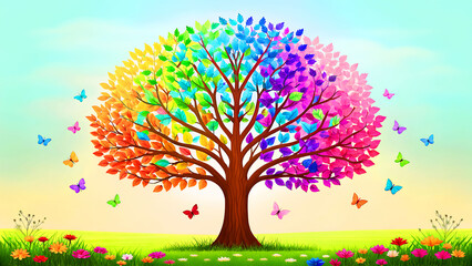 Beautifully vibrant tree with multicolored leaves against a picturesque autumn backdrop.