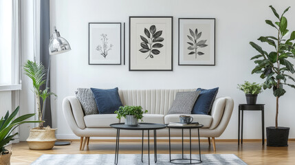 Interior design of stylish living room with modern neutral sofa, mock up poster farmes, dried flowers in vase, coffee tables, decoration and elegant personal accessories in home decor. Template.