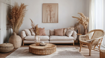 Modern concept of living room interior with design modular sofa, rattan armchair, dried flowers in vase, coffee table, decoration and elegant personal accessories in stylish home decor. Template.