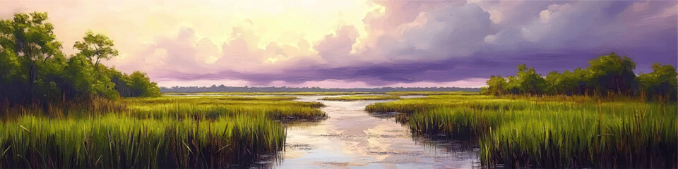Obraz premium Serene Vector Landscape of Marsh Wetland with Flowing River Green Grass Trees and Dramatic Purple Sunset Sky Panorama Peaceful Nature Scenic Digital Illustration