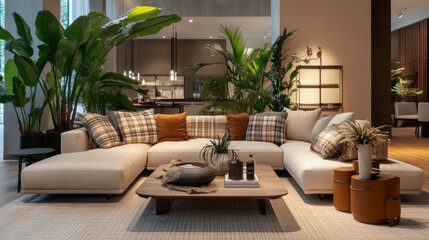 Stylish open space interior with design modular sofa, furniture, coffee tables, plaid, pillows, tropical plants and elegant accessories in elegant home decor. Neutral living room. Template.