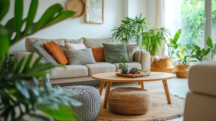 Modern interior of open space with design modular sofa, furniture, wooden coffee tables, plaid, pillows, tropical plants and elegant personal accessories in stylish home decor. Neutral living room.