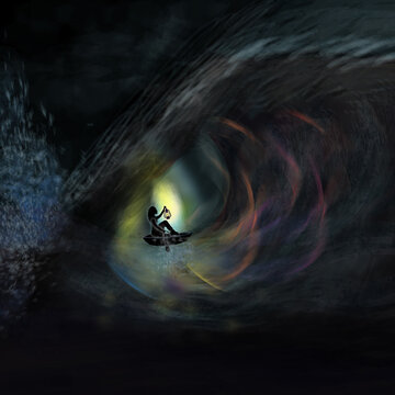 abstract sea wave illustration art of living with the wave. fantastic glowing neon effect of technology background and Concept of NFT technology. 