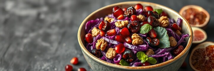 Colorful salad with red cabbage, walnuts, pomegranate seeds, and dried fruits in a rustic bowl on a textured surface