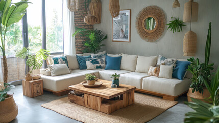 Modern interior of open space with design modular sofa, furniture, wooden coffee tables, plaid, pillows, tropical plants and elegant personal accessories in stylish home decor. Neutral living room.