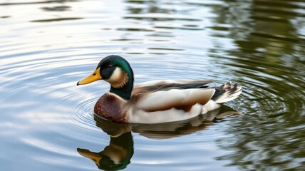 Fototapeta premium Mallard duck swims peacefully in calm waters creating ripples during golden hour