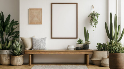 Creative composition of stylish living room interior with mock up poster frame, wooden bench, cacti and personal accessories. Plant love and nature concept. Template.