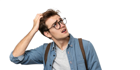 Young man wearing glasses scratching his head trying to find solution PNG