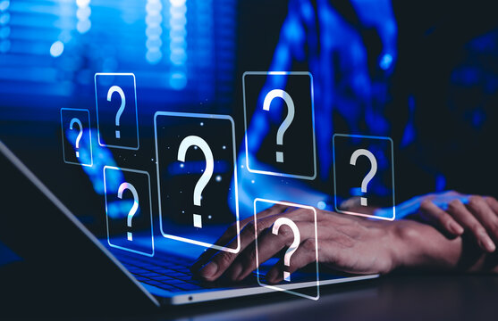 Question Mark and Problem Solving Concept. A person using a laptop with floating question marks, symbolizing brainstorming, problem-solving, and finding answers to business FAQs. creativity and ideas,