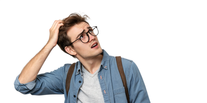 Young man wearing glasses scratching his head trying to find solution PNG