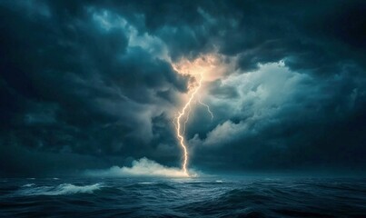 A powerful lightning bolt dramatically illuminates the stormy ocean, showcasing nature's raw energy.