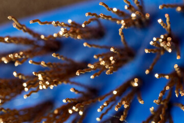 Brass bristles extending from blue cleaning brush, forming intricate textural pattern highlighting...