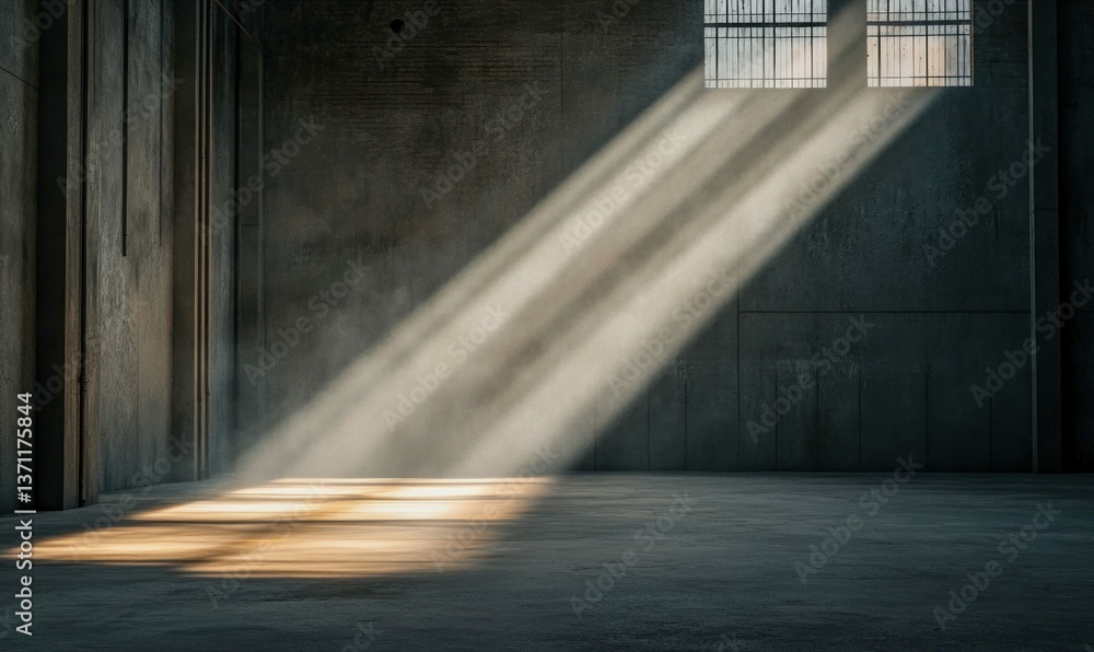 Poster rays of sunlight pierce through barred windows, casting shadows in an empty concrete prison cell.
