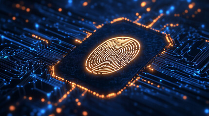A glowing fingerprint scan on a futuristic digital interface with neon lighting