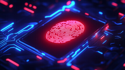 A glowing fingerprint scan on a futuristic digital interface with neon lighting