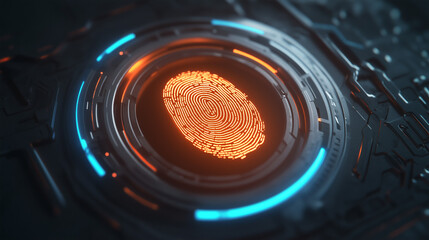 A glowing fingerprint scan on a futuristic digital interface with neon lighting