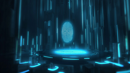 A glowing fingerprint scan on a futuristic digital interface with neon lighting