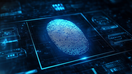 A glowing fingerprint scan on a futuristic digital interface with neon lighting